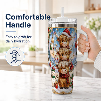 #pl[40oz|White] Christmas Highland Cow 40oz Tumbler with Handle, Holiday Travel Cup