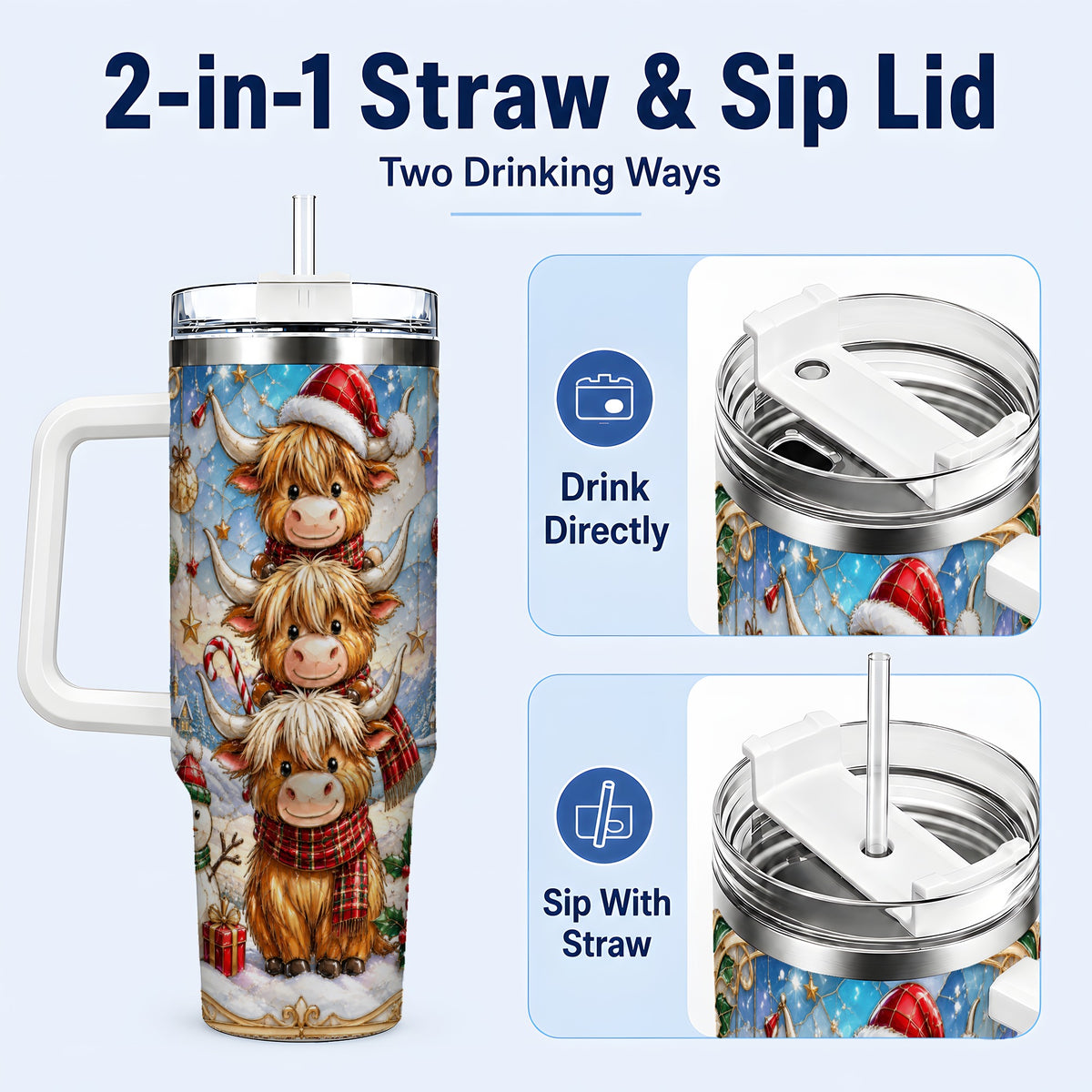 #pl[40oz|White] Christmas Highland Cow 40oz Tumbler with Handle, Holiday Travel Cup