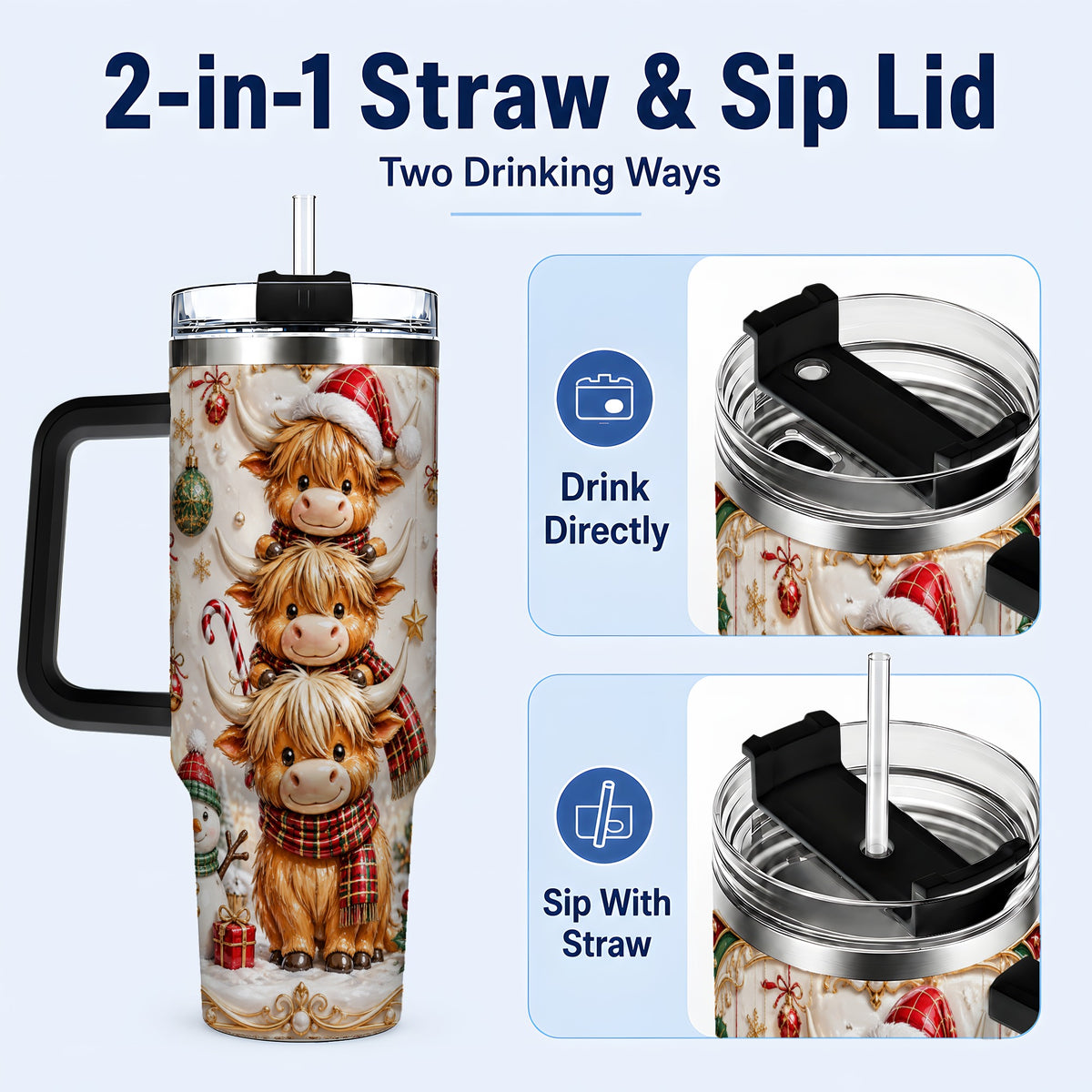 #pl[40oz|Black] Stacked Cow 40oz Tumbler with Handle, Christmas Stainless Steel Travel Cup