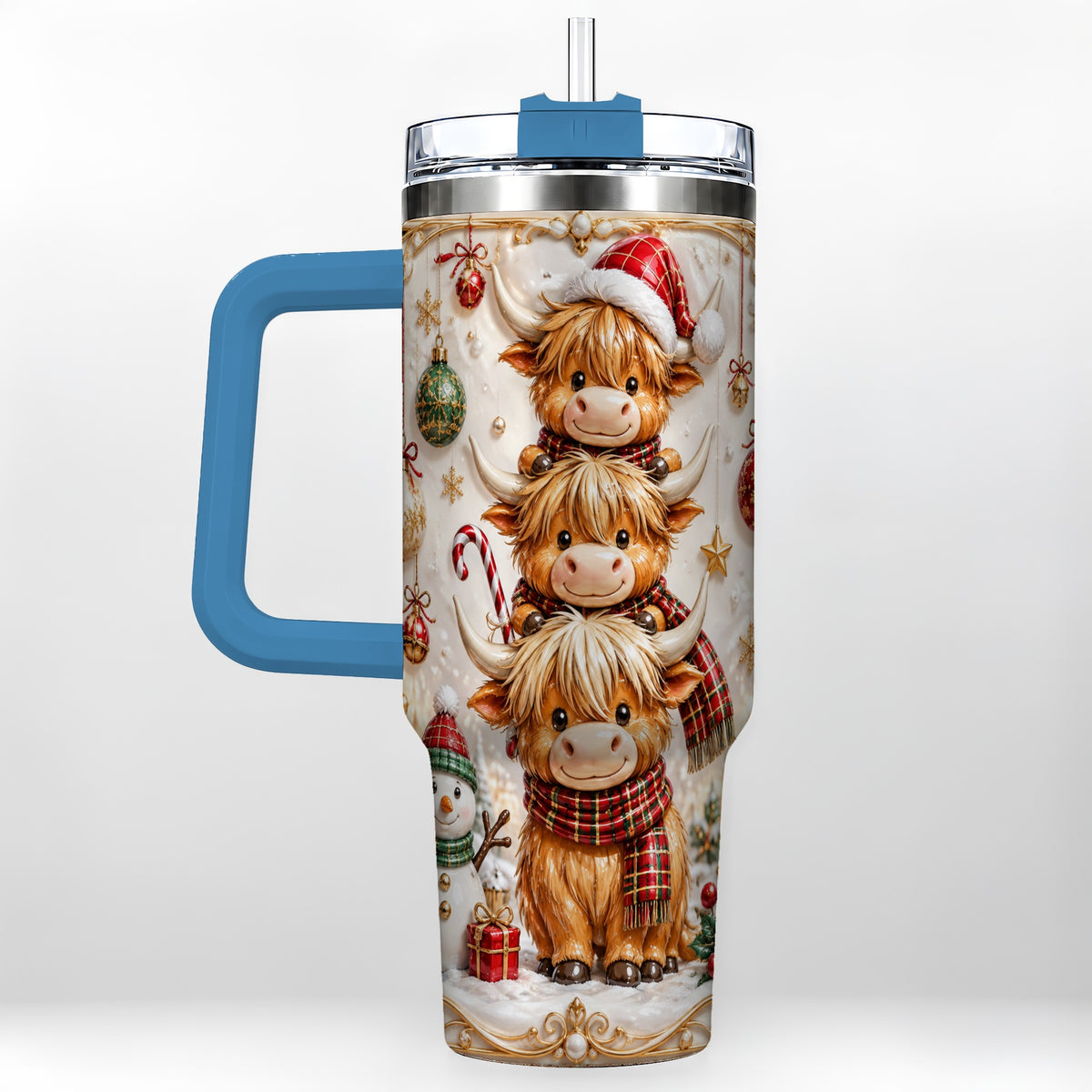 #pl[40oz|Blue] Stacked Cow 40oz Tumbler with Handle, Christmas Stainless Steel Travel Cup