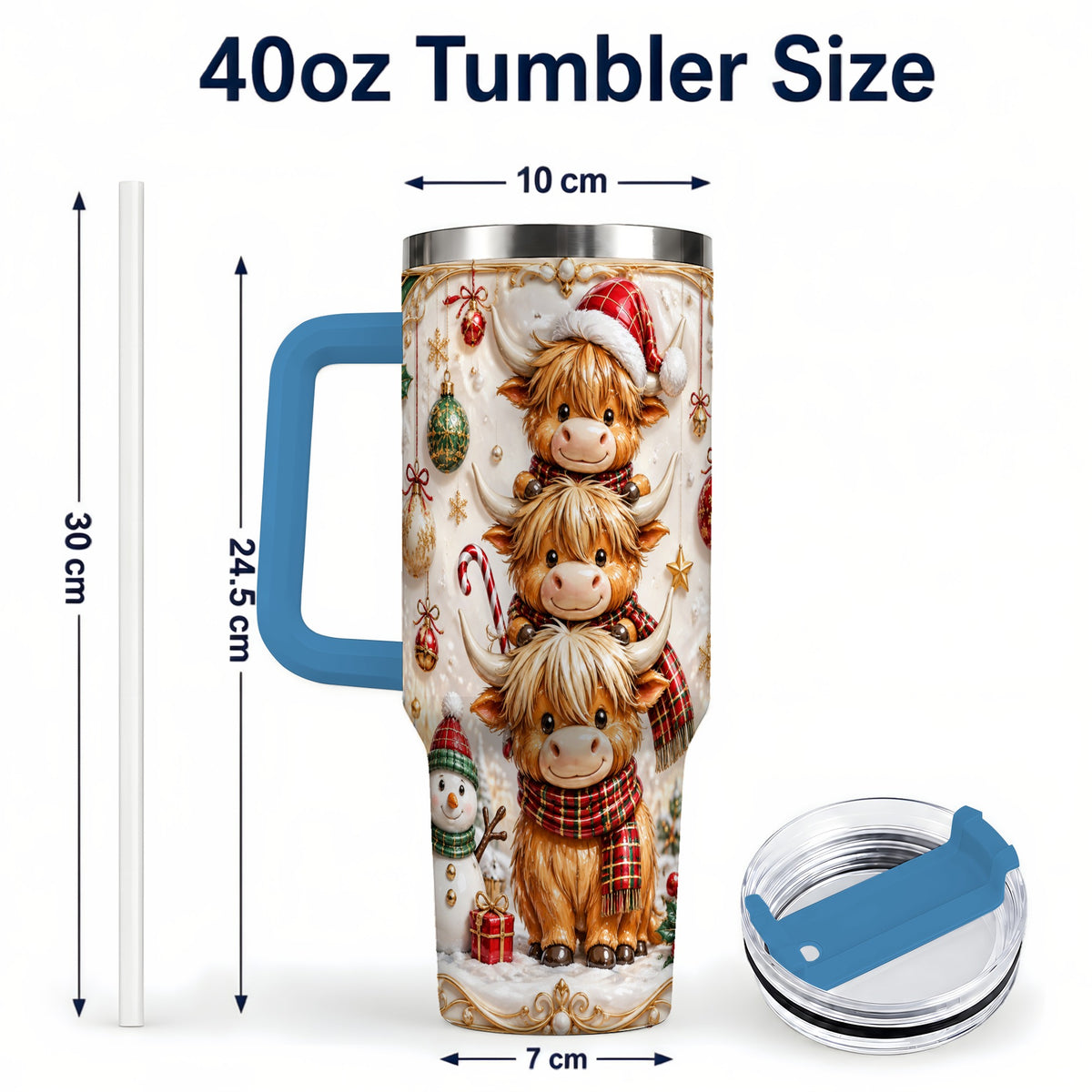 #pl[40oz|Blue] Stacked Cow 40oz Tumbler with Handle, Christmas Stainless Steel Travel Cup