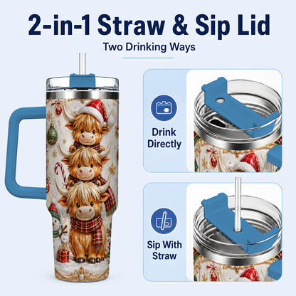 #pl[40oz|Blue] Stacked Cow 40oz Tumbler with Handle, Christmas Stainless Steel Travel Cup