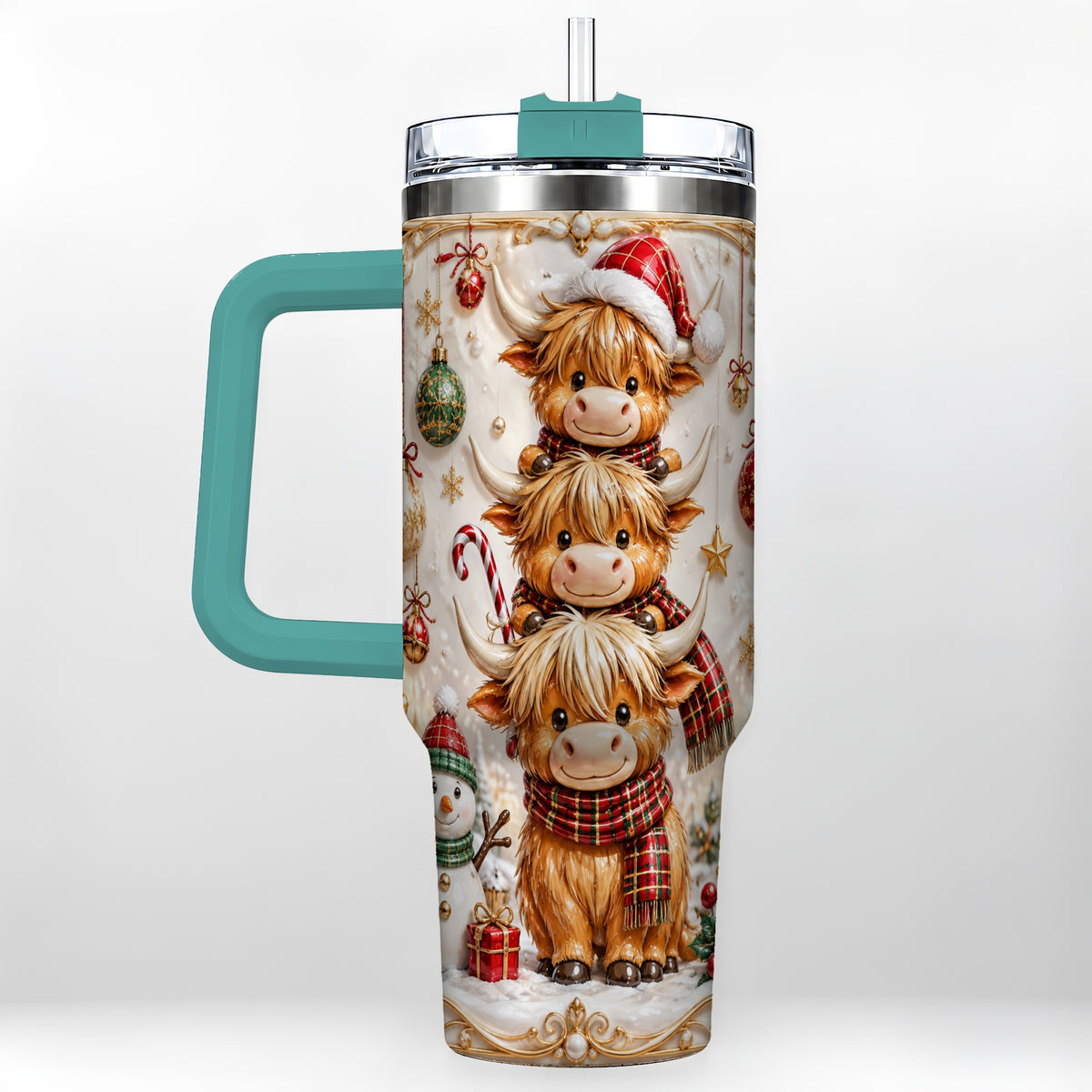 #pl[40oz|Green] Stacked Cow 40oz Tumbler with Handle, Christmas Stainless Steel Travel Cup