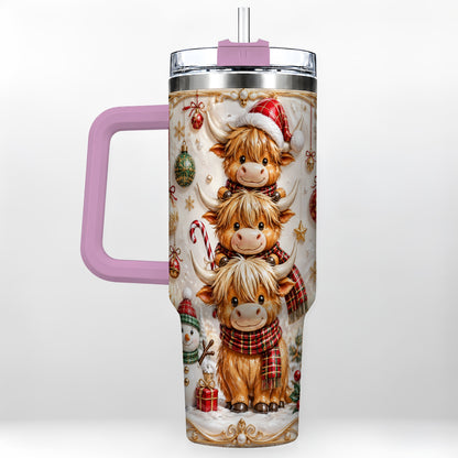 #pl[40oz|Pink] Stacked Cow 40oz Tumbler with Handle, Christmas Stainless Steel Travel Cup