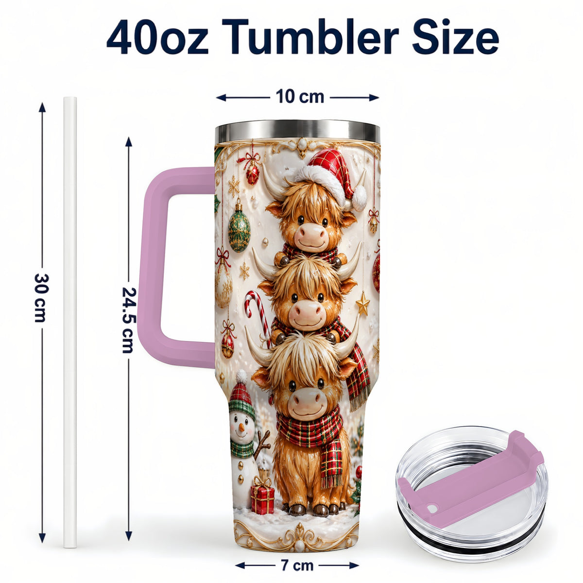 #pl[40oz|Pink] Stacked Cow 40oz Tumbler with Handle, Christmas Stainless Steel Travel Cup