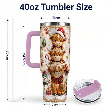 #pl[40oz|Pink] Stacked Cow 40oz Tumbler with Handle, Christmas Stainless Steel Travel Cup