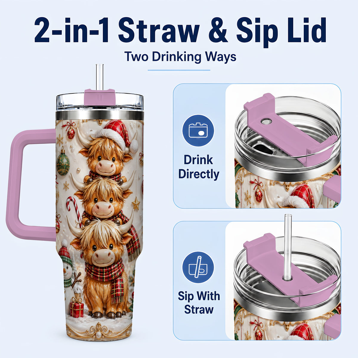 #pl[40oz|Pink] Stacked Cow 40oz Tumbler with Handle, Christmas Stainless Steel Travel Cup