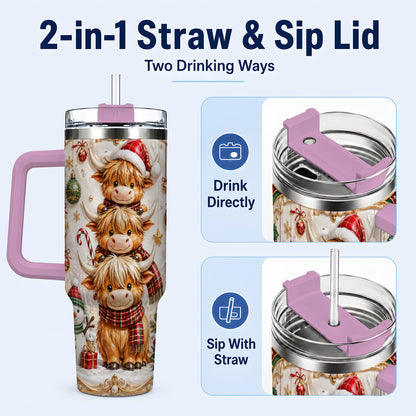 #pl[40oz|Pink] Stacked Cow 40oz Tumbler with Handle, Christmas Stainless Steel Travel Cup