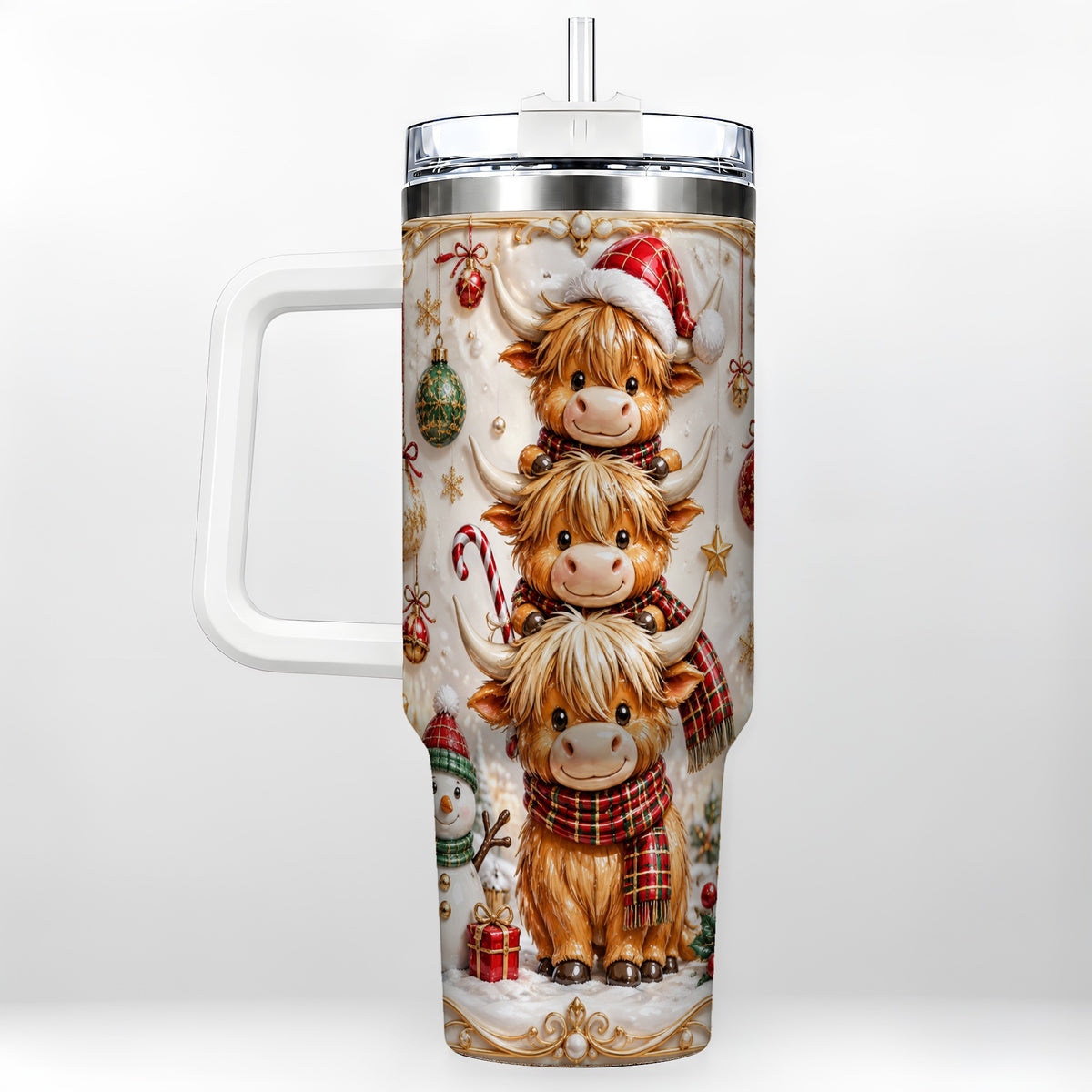 #pl[40oz|White] Stacked Cow 40oz Tumbler with Handle, Christmas Stainless Steel Travel Cup