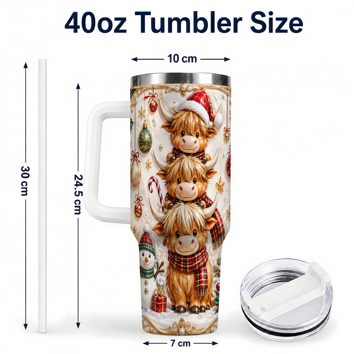 #pl[40oz|White] Stacked Cow 40oz Tumbler with Handle, Christmas Stainless Steel Travel Cup