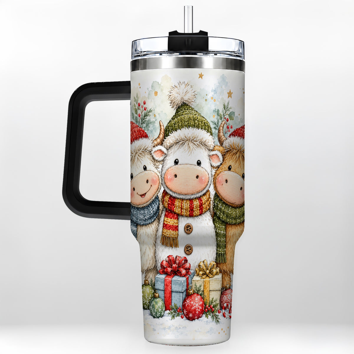 #pl[40oz|Black] Watercolor Cow 40oz Tumbler with Handle, Holiday Stainless Steel Travel Cup
