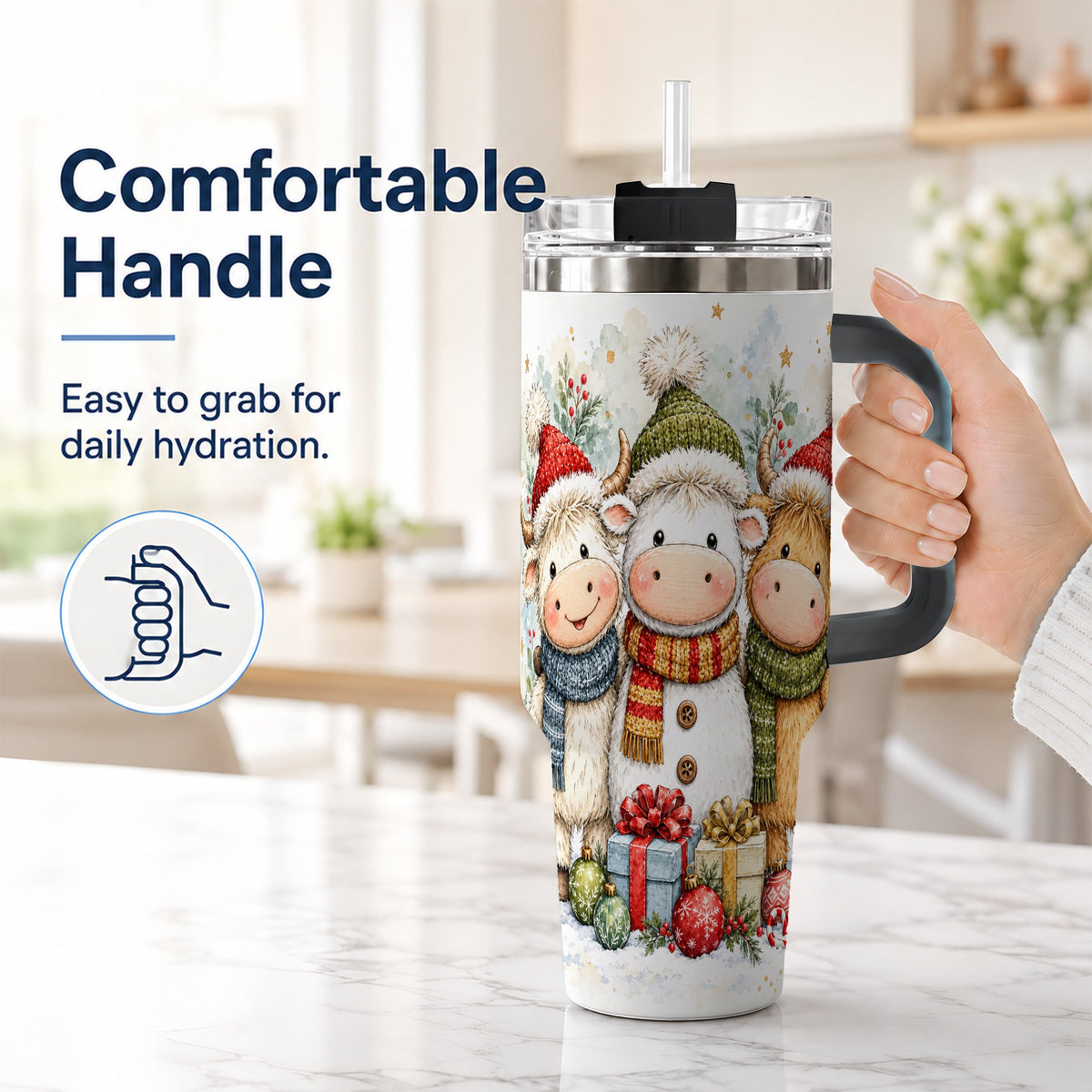 #pl[40oz|Black] Watercolor Cow 40oz Tumbler with Handle, Holiday Stainless Steel Travel Cup