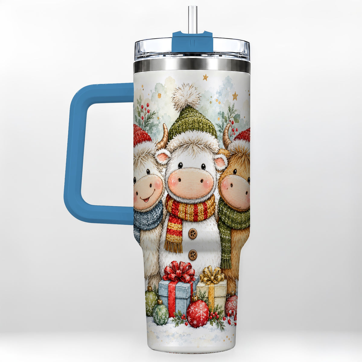 #pl[40oz|Blue] Watercolor Cow 40oz Tumbler with Handle, Holiday Stainless Steel Travel Cup