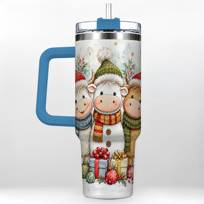 #pl[40oz|Blue] Watercolor Cow 40oz Tumbler with Handle, Holiday Stainless Steel Travel Cup