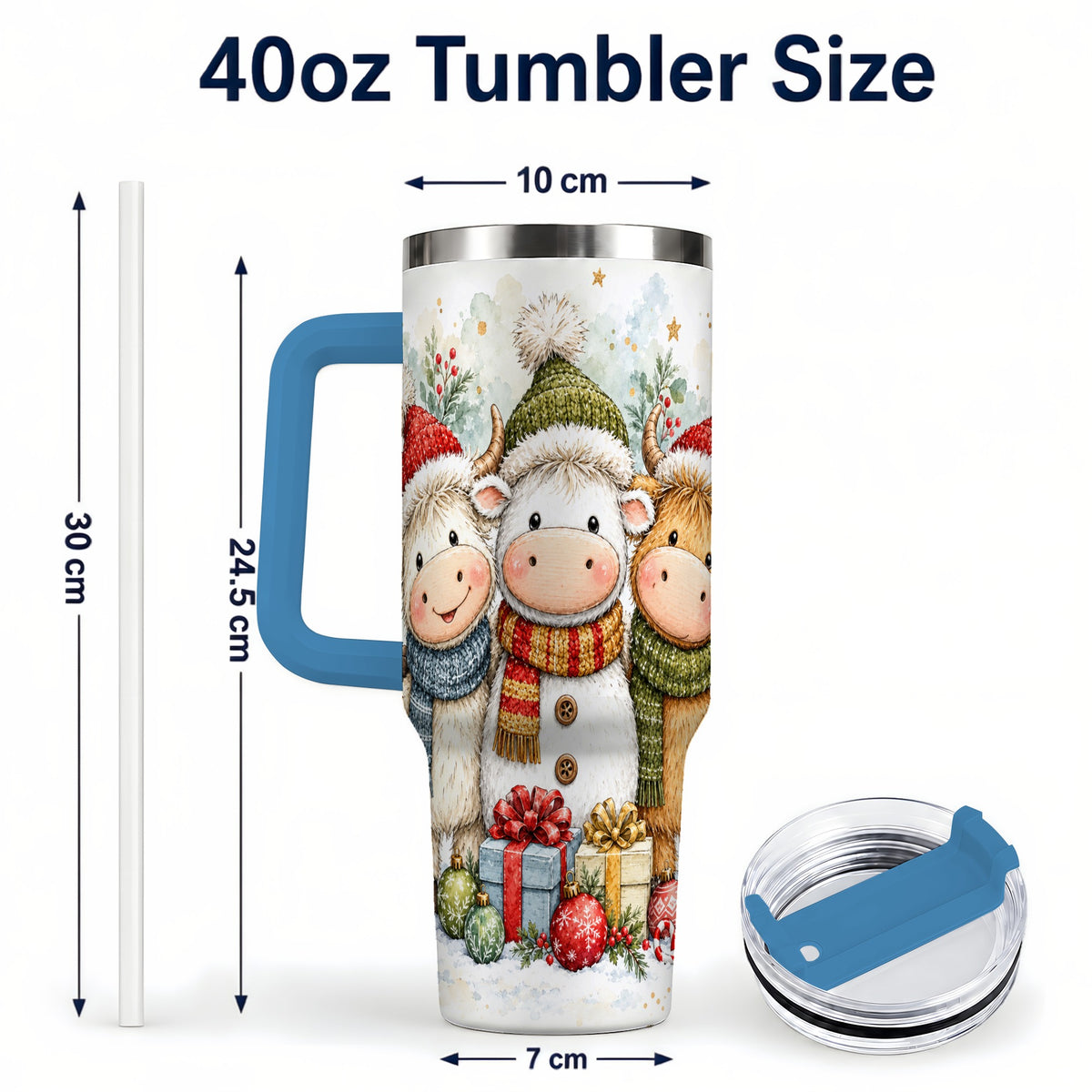 #pl[40oz|Blue] Watercolor Cow 40oz Tumbler with Handle, Holiday Stainless Steel Travel Cup