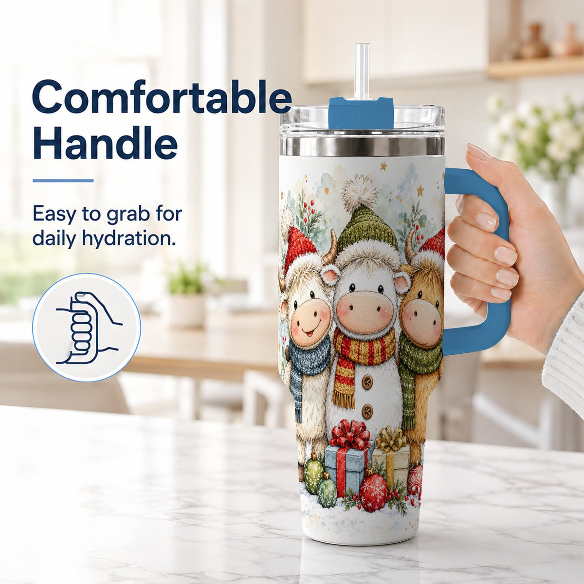 #pl[40oz|Blue] Watercolor Cow 40oz Tumbler with Handle, Holiday Stainless Steel Travel Cup