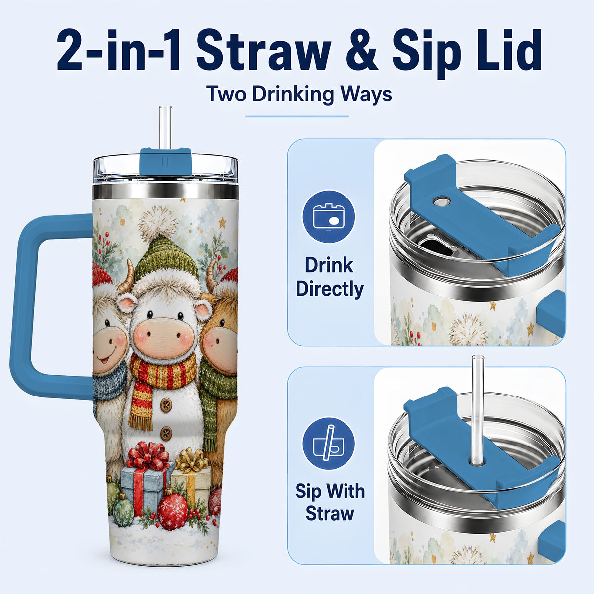 #pl[40oz|Blue] Watercolor Cow 40oz Tumbler with Handle, Holiday Stainless Steel Travel Cup