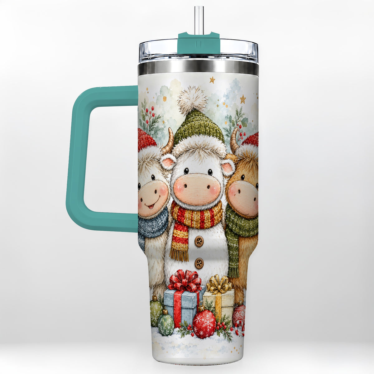 #pl[40oz|Green] Watercolor Cow 40oz Tumbler with Handle, Holiday Stainless Steel Travel Cup