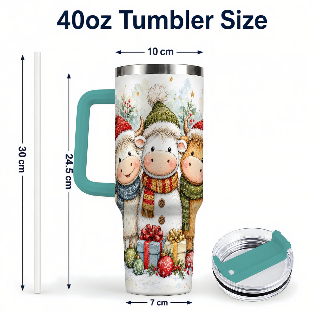 #pl[40oz|Green] Watercolor Cow 40oz Tumbler with Handle, Holiday Stainless Steel Travel Cup
