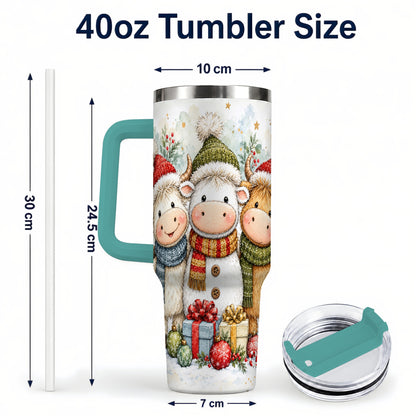 #pl[40oz|Green] Watercolor Cow 40oz Tumbler with Handle, Holiday Stainless Steel Travel Cup