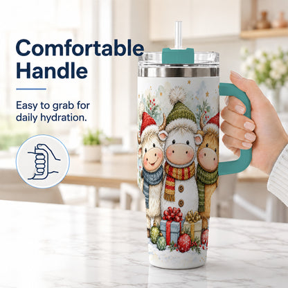 #pl[40oz|Green] Watercolor Cow 40oz Tumbler with Handle, Holiday Stainless Steel Travel Cup