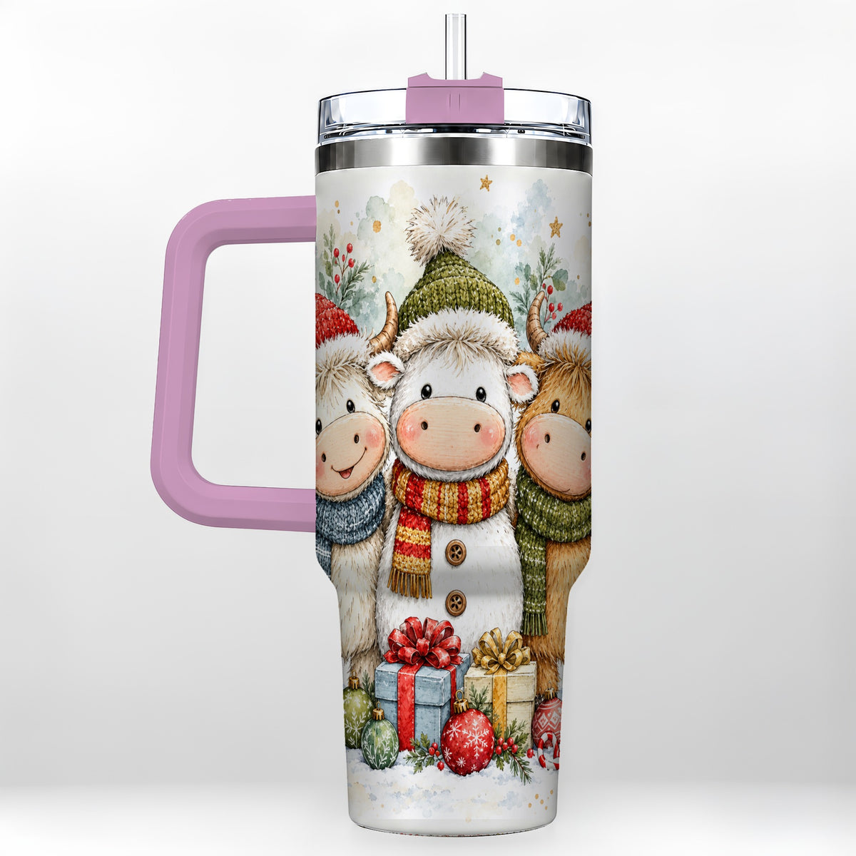 #pl[40oz|Pink] Watercolor Cow 40oz Tumbler with Handle, Holiday Stainless Steel Travel Cup