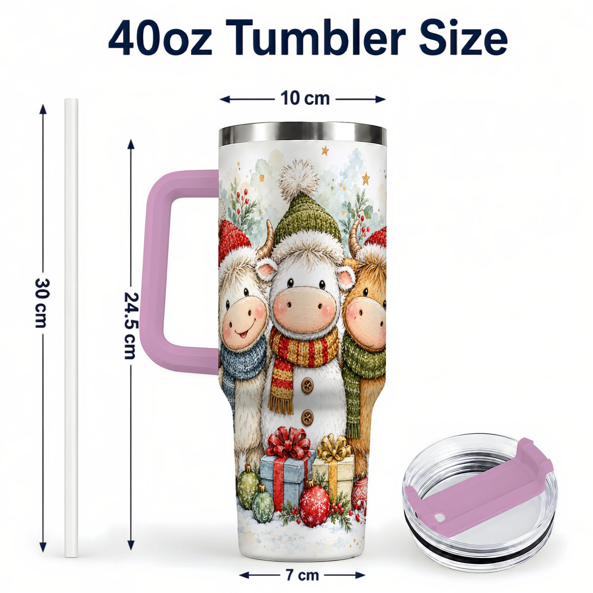 #pl[40oz|Pink] Watercolor Cow 40oz Tumbler with Handle, Holiday Stainless Steel Travel Cup