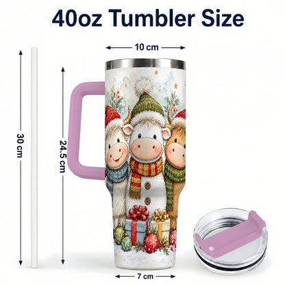 #pl[40oz|Pink] Watercolor Cow 40oz Tumbler with Handle, Holiday Stainless Steel Travel Cup