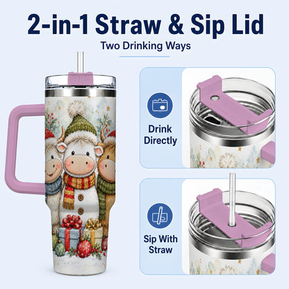 #pl[40oz|Pink] Watercolor Cow 40oz Tumbler with Handle, Holiday Stainless Steel Travel Cup
