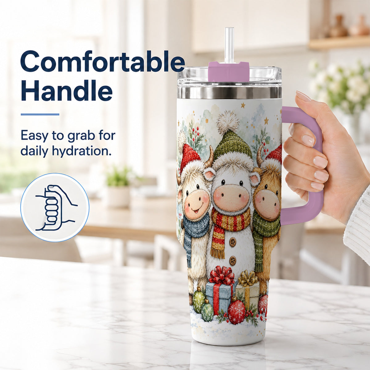 #pl[40oz|Pink] Watercolor Cow 40oz Tumbler with Handle, Holiday Stainless Steel Travel Cup
