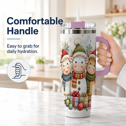 #pl[40oz|Pink] Watercolor Cow 40oz Tumbler with Handle, Holiday Stainless Steel Travel Cup