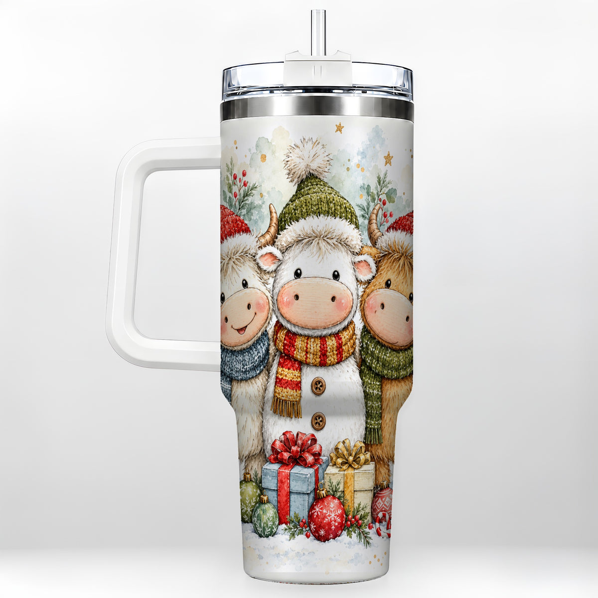 #pl[40oz|White] Watercolor Cow 40oz Tumbler with Handle, Holiday Stainless Steel Travel Cup