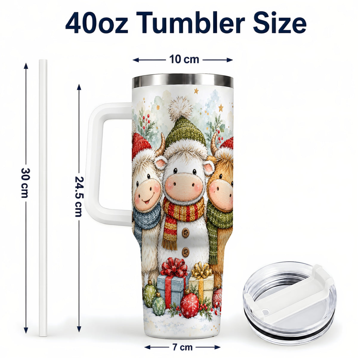 #pl[40oz|White] Watercolor Cow 40oz Tumbler with Handle, Holiday Stainless Steel Travel Cup