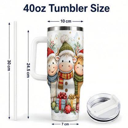 #pl[40oz|White] Watercolor Cow 40oz Tumbler with Handle, Holiday Stainless Steel Travel Cup