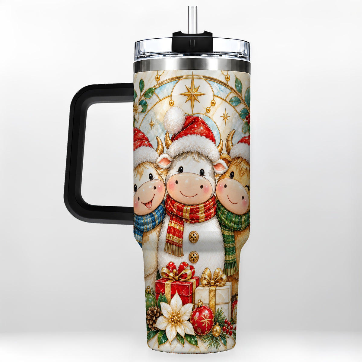 #pl[40oz|Black] Festive Cow 40oz Tumbler with Handle, Christmas Stainless Steel Travel Cup