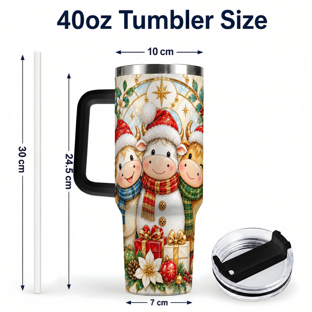 #pl[40oz|Black] Festive Cow 40oz Tumbler with Handle, Christmas Stainless Steel Travel Cup