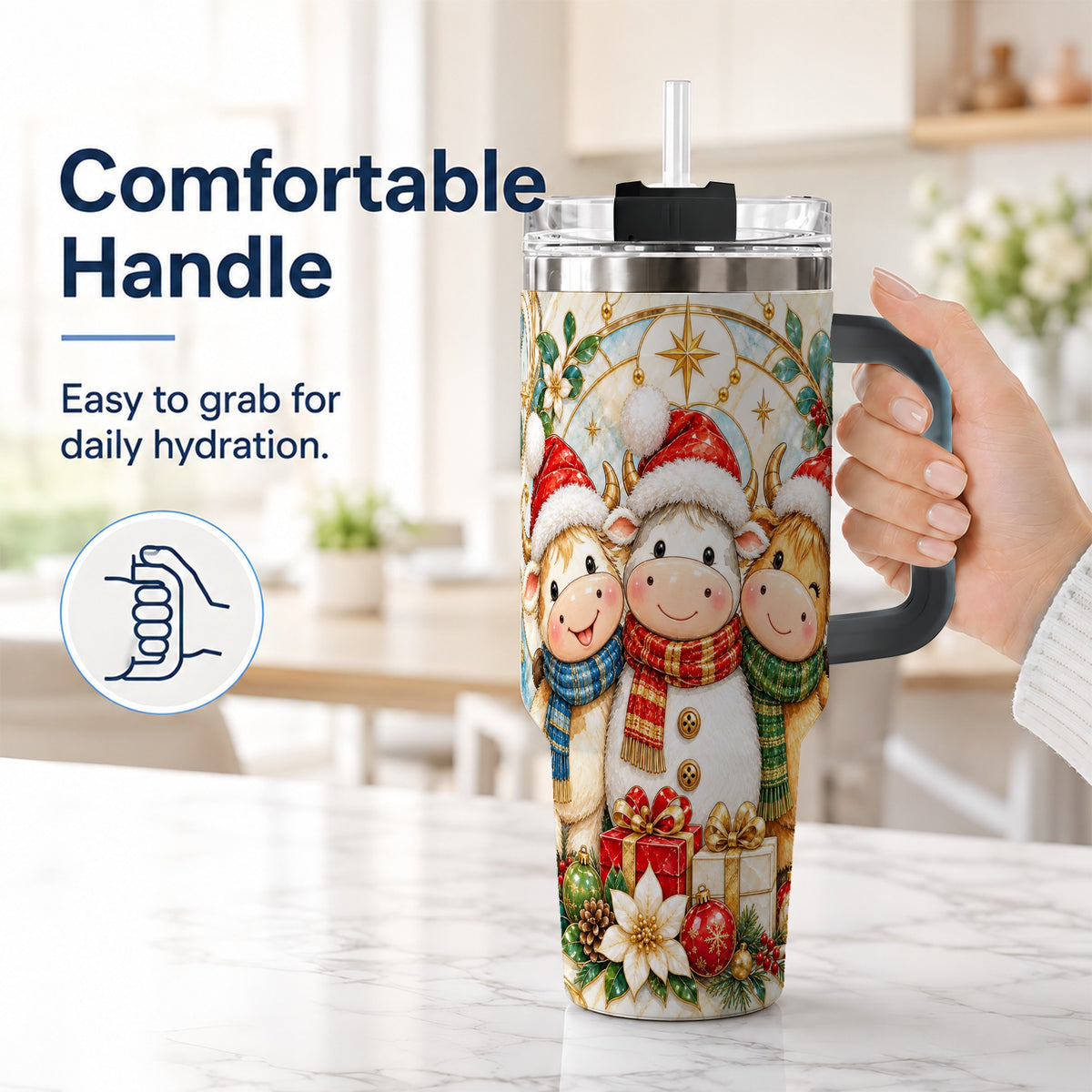 #pl[40oz|Black] Festive Cow 40oz Tumbler with Handle, Christmas Stainless Steel Travel Cup
