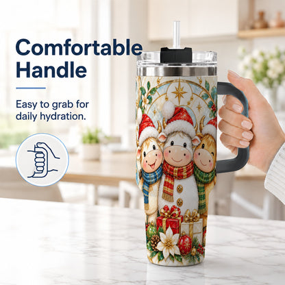 #pl[40oz|Black] Festive Cow 40oz Tumbler with Handle, Christmas Stainless Steel Travel Cup