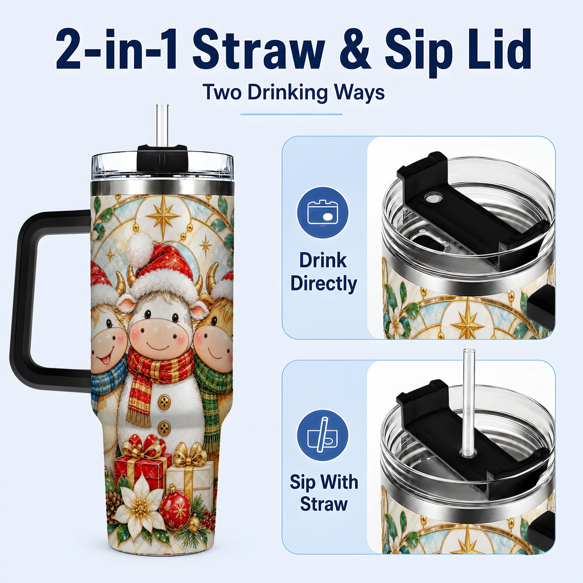 #pl[40oz|Black] Festive Cow 40oz Tumbler with Handle, Christmas Stainless Steel Travel Cup
