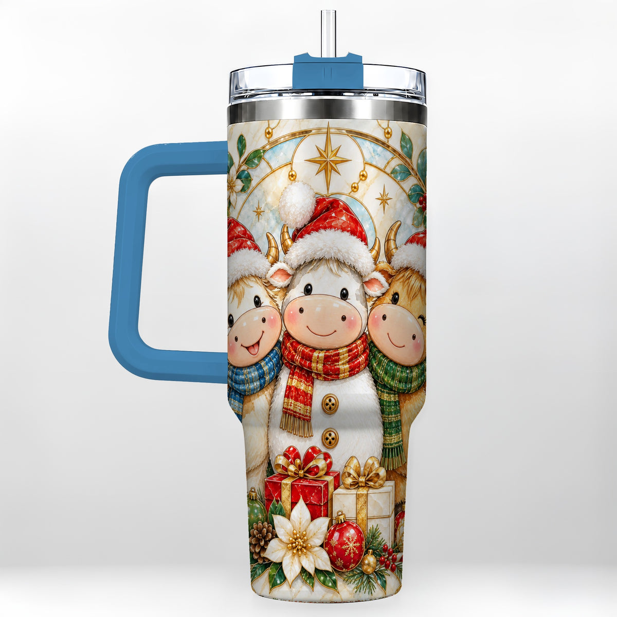 #pl[40oz|Blue] Festive Cow 40oz Tumbler with Handle, Christmas Stainless Steel Travel Cup