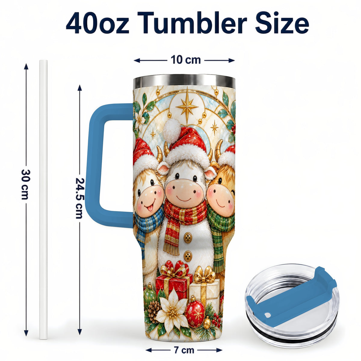 #pl[40oz|Blue] Festive Cow 40oz Tumbler with Handle, Christmas Stainless Steel Travel Cup