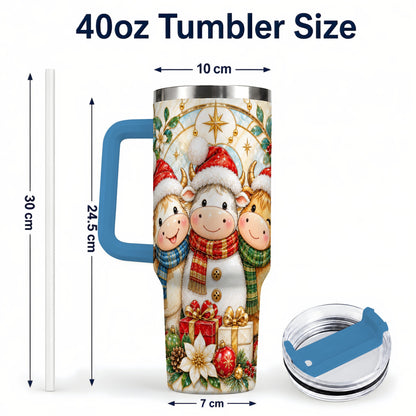 #pl[40oz|Blue] Festive Cow 40oz Tumbler with Handle, Christmas Stainless Steel Travel Cup