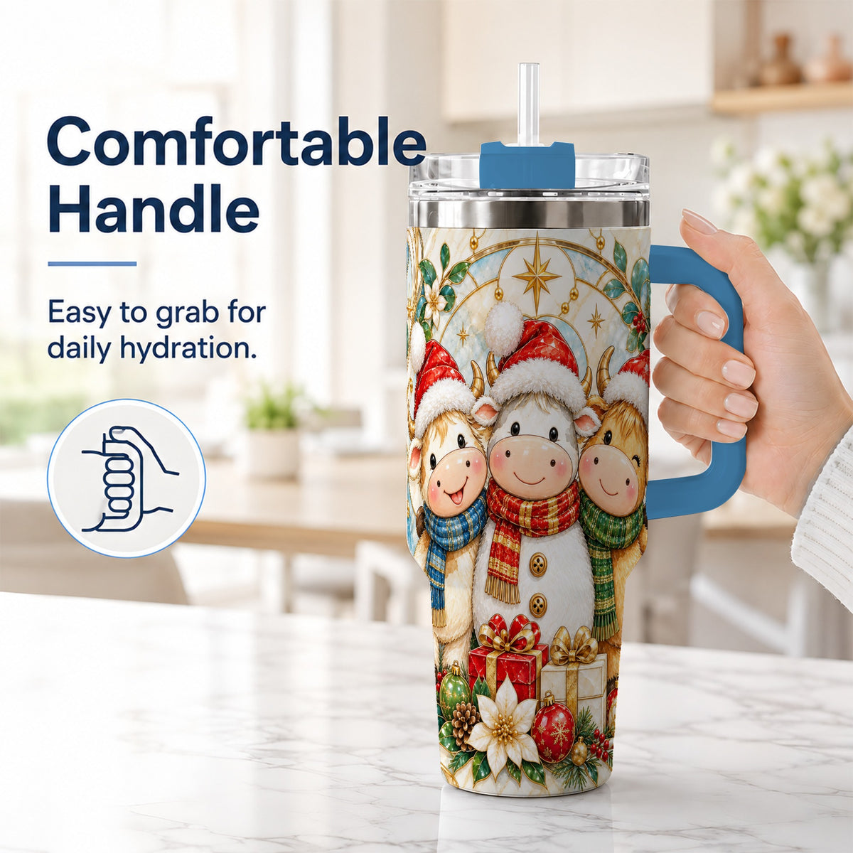 #pl[40oz|Blue] Festive Cow 40oz Tumbler with Handle, Christmas Stainless Steel Travel Cup