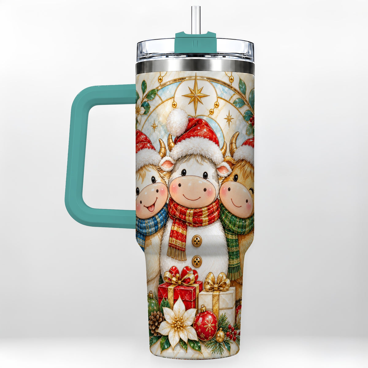 #pl[40oz|Green] Festive Cow 40oz Tumbler with Handle, Christmas Stainless Steel Travel Cup