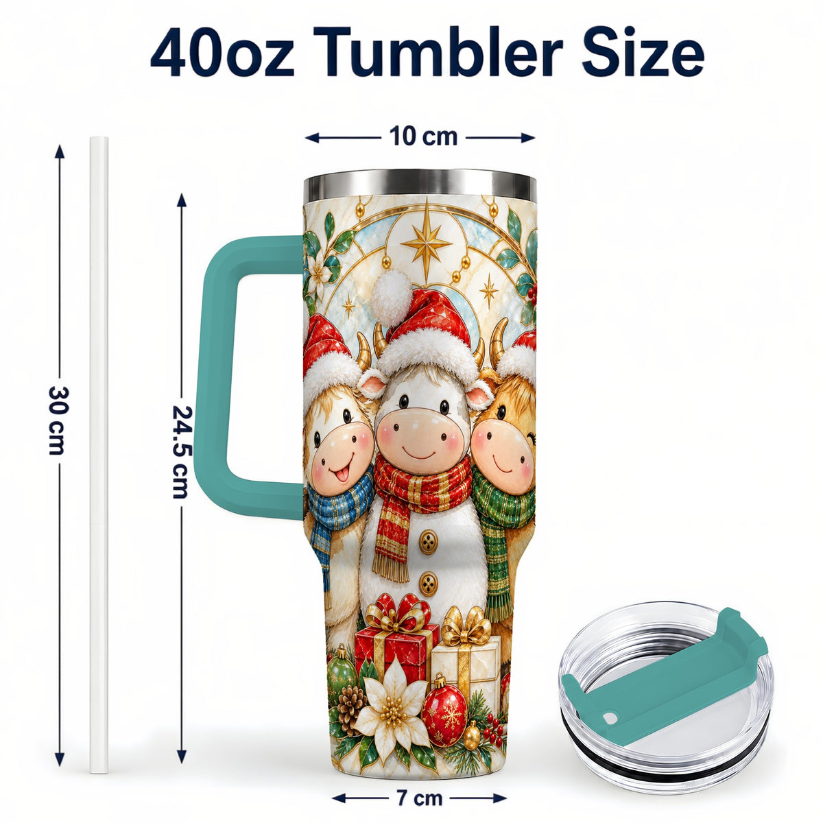 #pl[40oz|Green] Festive Cow 40oz Tumbler with Handle, Christmas Stainless Steel Travel Cup