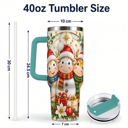 #pl[40oz|Green] Festive Cow 40oz Tumbler with Handle, Christmas Stainless Steel Travel Cup