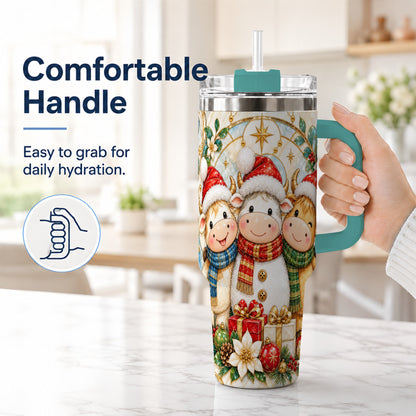 #pl[40oz|Green] Festive Cow 40oz Tumbler with Handle, Christmas Stainless Steel Travel Cup