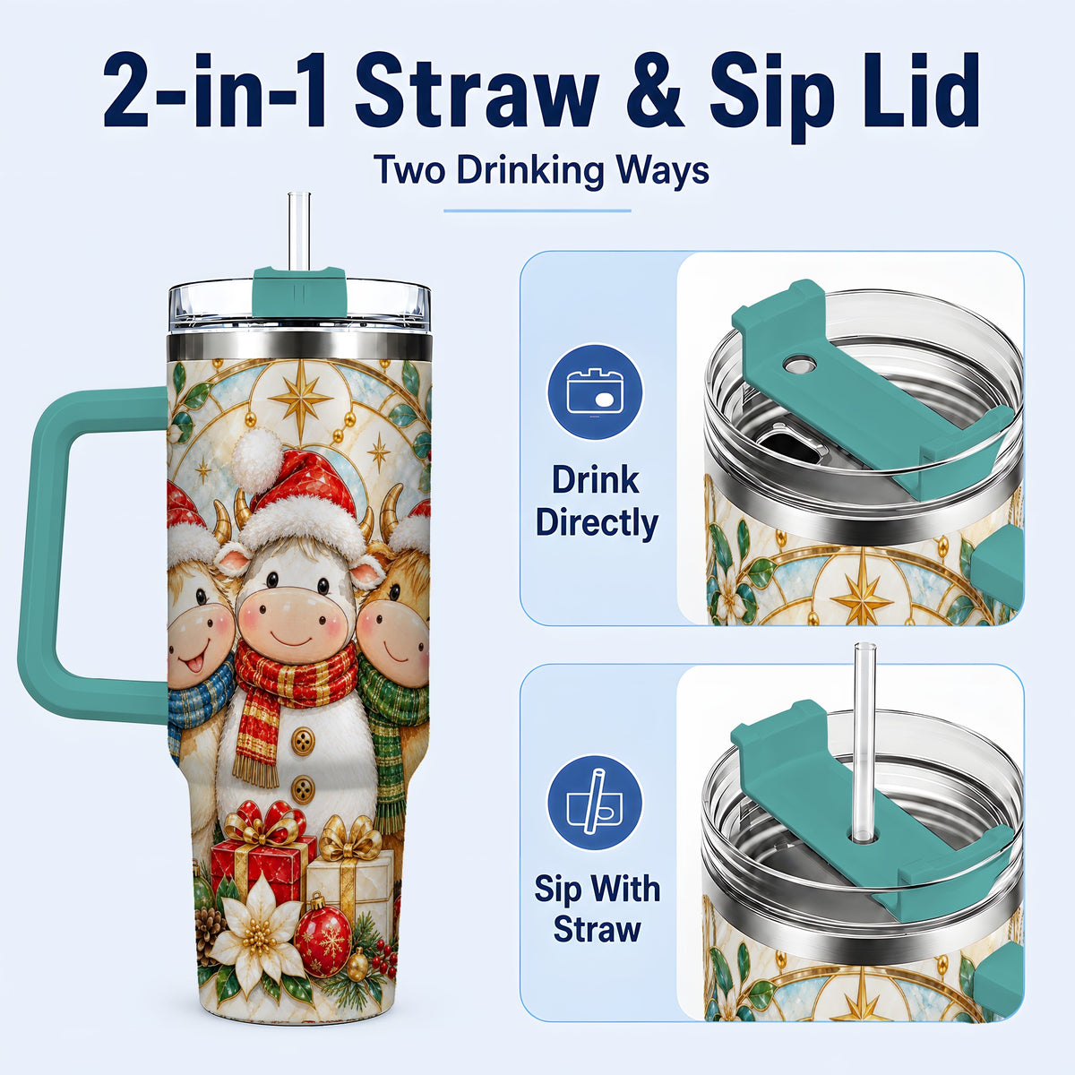 #pl[40oz|Green] Festive Cow 40oz Tumbler with Handle, Christmas Stainless Steel Travel Cup