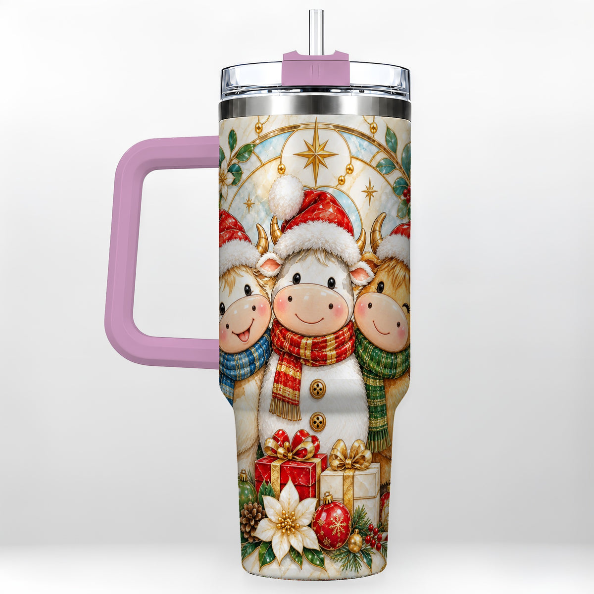 #pl[40oz|Pink] Festive Cow 40oz Tumbler with Handle, Christmas Stainless Steel Travel Cup