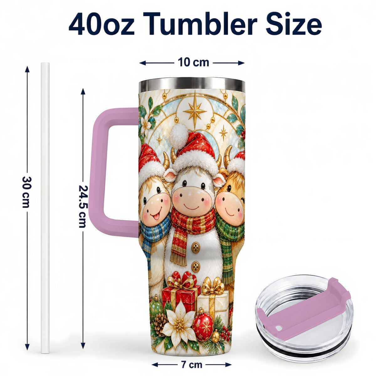 #pl[40oz|Pink] Festive Cow 40oz Tumbler with Handle, Christmas Stainless Steel Travel Cup
